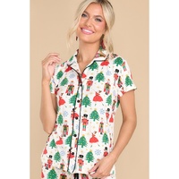 White Printed Christmas Pattern Buttoned Two Piece Sleepwear - L thumbnail