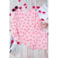Pink Valentine Heart Shape Print Long Sleeve Top Shorts Lounge Set - L thumbnail