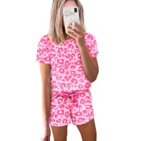 Pink Leopard Print Tee and Satin Tie Shorts Lounge Set - M thumbnail