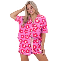 Pink Flower Print Short Sleeve Shirt Pajamas Set - L thumbnail