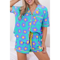Green Flower Print Short Sleeve Shirt Pajamas Set - S thumbnail