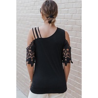 Azura Exchange Lace Splicing Strappy Cold Shoulder Top - L thumbnail