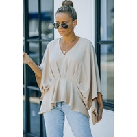 Azura Exchange Pleated Batwing Sleeve V Neck Blouse in 100% Polyester - M thumbnail