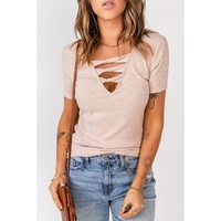 Azura Exchange Hollow-out Neck Rib Knit T Shirt - L thumbnail