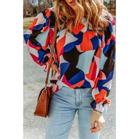 Azura Exchange Ruffled Puff Sleeve Abstract Pattern Blouse - S thumbnail