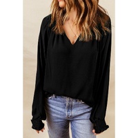 Azura Exchange Pleated V Neck Puffy Sleeve Blouse - L thumbnail