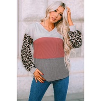 Azura Exchange Leopard Contrast Sleeve Colorblock Waffle Knit Top - S thumbnail