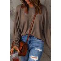 Brown Fiery Solid Color Patchwork Long Sleeve Top - L thumbnail