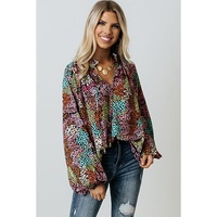 Azura Exchange Vibrant Floral Tie V Neck Puff Sleeve Blouse - M thumbnail