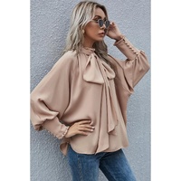 Azura Exchange Khaki Frilled Knotted Blouse with Bishop Sleeves - S thumbnail