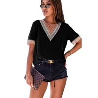 Azura Exchange V-Neck Short Sleeve Blouse with Lace Trim - L thumbnail