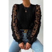 Azura Exchange Textured Knit Blouse with Floral Applique Mesh Sleeves - M thumbnail