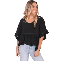 Azura Exchange Black Ruffled Lace Detail Loose V Neck Top - M thumbnail