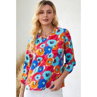 Azura Exchange V Neck 3/4 Sleeve Floral Print Blouse - XL thumbnail