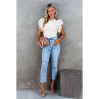Azura Exchange Dotty Mesh Ruffle Sleeve Ribbed Knit Top - S thumbnail
