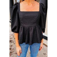 Azura Exchange Textured Square Neck Puff Sleeve Peplum Blouse - S thumbnail