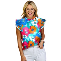 Azura Exchange Abstract Print High Neck Flutter Sleeves Top - M thumbnail