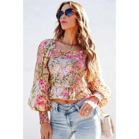 Azura Exchange Floral Square Neck Blouse with Frilled Trim - L thumbnail