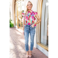 Azura Exchange Abstract Floral Print Frilled Neck Pleated Blouse - S thumbnail