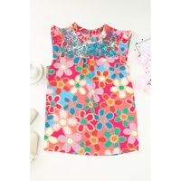 Pink Embroidered Detail Floral Print Ruffle Trim Tank Top - S thumbnail