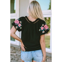 Azura Exchange Embroidered Bubble Sleeve Frill V Neck Top - M thumbnail