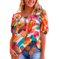 Azura Exchange Abstract Print Square Neck Short Sleeve Blouse - L thumbnail
