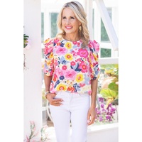 Azura Exchange Floral Ruched Puff Sleeve Blouse - S thumbnail