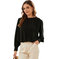 Black Padded Shoulder Buttoned Cuffs Pleated Loose Blouse - L thumbnail