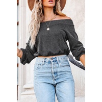 Gray Ribbed Knit Off-Shoulder Balloon Sleeve Top - M thumbnail