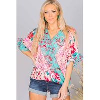 Azura Exchange Leopard Floral Mixed Print Ruffle Sleeve Blouse - L thumbnail