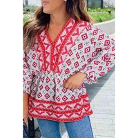 Red Geometric Print 3/4 Sleeve V-Neck Shirred Waist Flared Blouse - XL thumbnail