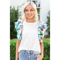 Azura Exchange Printed Puff Sleeve Textured Top - S thumbnail