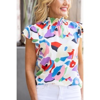 Azura Exchange Abstract Print Ruffle Sleeve Smocked Blouse - S thumbnail