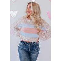 Azura Exchange Contrast Stripes Patchwork Puff Sleeve Knit Top - L thumbnail