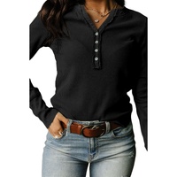 Black Trimmed Neckline Waffle Knit Henley Top - L thumbnail