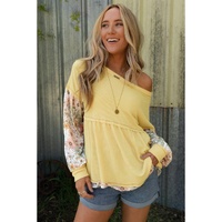 Azura Exchange Floral Patchwork Waffle Knit Babydoll Blouse - M thumbnail