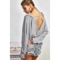 Azura Exchange Gray V Cut Drawstring Back Waffle Knit Top - M thumbnail