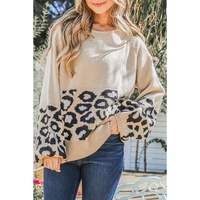Khaki Leopard Patchwork Knitted Puff Sleeve Sweater - L thumbnail