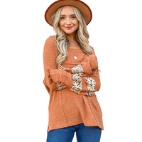 Apricot Leopard Splicing Exposed Seam Waffle Knit Top - S thumbnail