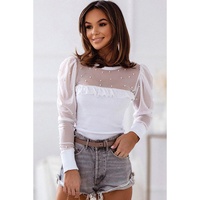 Azura Exchange Mesh Patchwork Ribbed Long Sleeve Top with Pearl Accents - M thumbnail