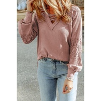 Pink Lace Waffle Patchwork Strappy V Neck Long Sleeve Top - S thumbnail