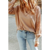 Azura Exchange Lace Waffle Patchwork Strappy V Neck Long Sleeve Top - M thumbnail