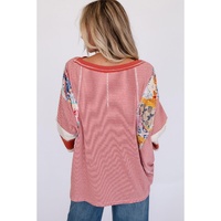 Red Pinstriped Color Block Patchwork Oversized Top - XL thumbnail