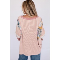 Pink Printed Pinstriped Color Block Patchwork Oversized Top - M thumbnail