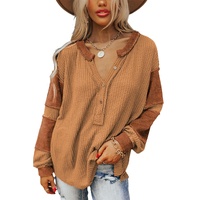 Azura Exchange Contrast Patched Waffle Knit Henley Top - XL thumbnail