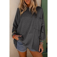 Dark Gray Ribbed Roll-tab Sleeve Chest Pocket Oversize Top - M thumbnail