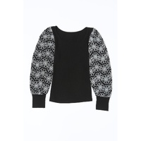 Black Flower Puff Sleeve Ribbed Knit Top - M thumbnail