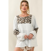 Azura Exchange Leopard Patch Puff Sleeve Textured Blouse - L thumbnail