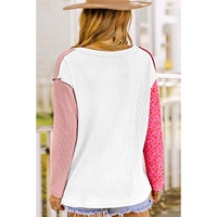 Pink Waffle Knit Exposed Seam Leopard Colorblock Print Top - S thumbnail