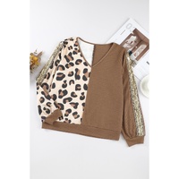 Brown Leopard Splicing Waffle Knit V Neck Top - L thumbnail